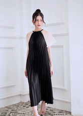 Pleated Midi Silk Dress with Sheer Flutter Sleeves